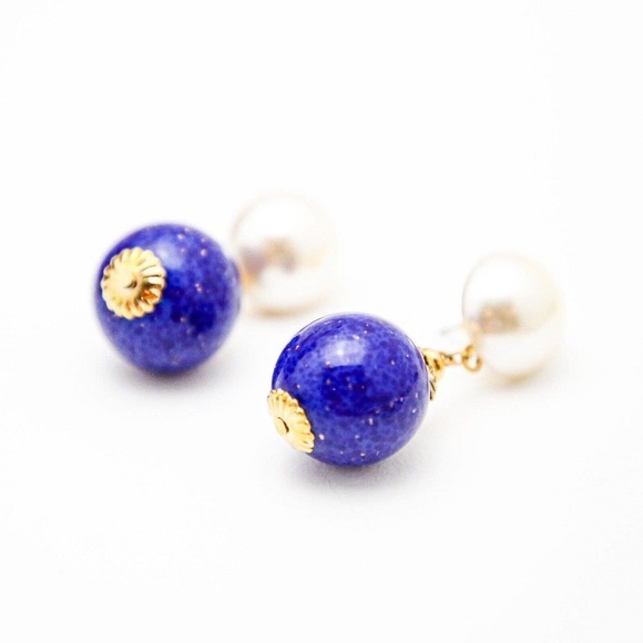 Vintage Faux Lapis Lazuli And Pearl Earrings Large Statement Drop & Dangle 1.75” - Picture 3 of 4